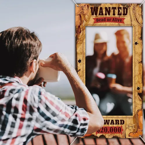 Miniatura 7 de Funrous Wanted Poster Photo Prop Western Photo Booth Prop - Marco grande para selfies, cartel de tela, cartel de fondo para decoración de fiesta