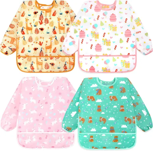 Miniatura 15 de Accmor 4 Pack Long Sleeve Bibs, Baby Smock Waterproof Sleeved Bib Smock for Baby Toddler 6-36 Months Dinosaurio azul/cerdo naranja/alce