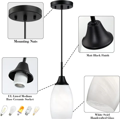Miniatura 6 de Viinew Mini Lámpara Colgante de Vidrio, 1-Luz de Vidrio Artístico Ovalado Blanco Soplado a Mano Lámpara Colgante Suspendida para Isla de Cocina