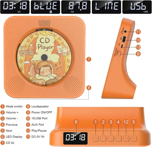 Miniatura 13 de Gueray Reproductor de CD portátil, reproductor de CD Kpop Bluetooth para escritorio con altavoz de sonido de alta fidelidad, radio FM, reproductor