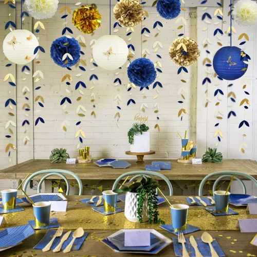 Miniatura 6 de Kit de decoración de fiesta azul marino y dorado, faroles, flores, pompones con calcomanías de mariposa 3D dorado champán y serpentinas de guirnalda