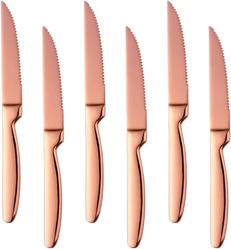 BuyGo - Juego de 6 cuchillos dentados de acero inoxidable, cuchillos de mesa resistentes de color oro rosa para cortar carne, carne de res, 8.6