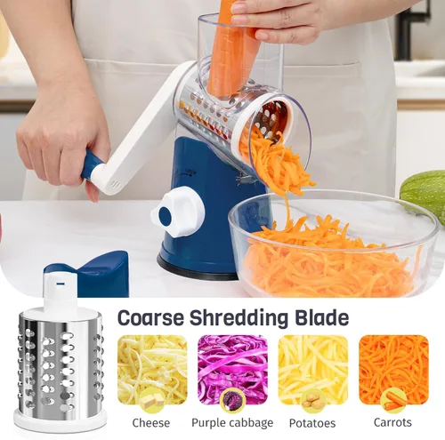 Miniatura 4 de Rallador de queso giratorio de mano con manivela, rallador y triturador de 3 cuchillas, rallador de queso para cocina, herramienta de cocina Azul