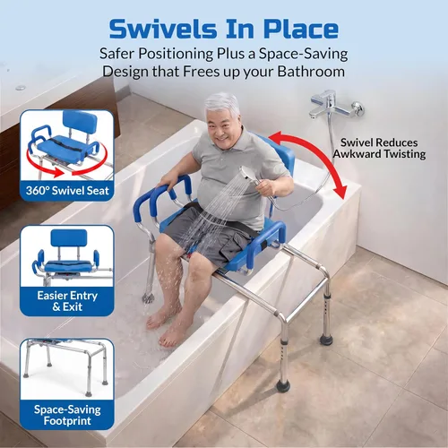Miniatura 2 de Banco de transferencia deslizable para ducha con asiento giratorio Carousel, bariátrico, acolchado premium con apoyabrazos giratorios, alta