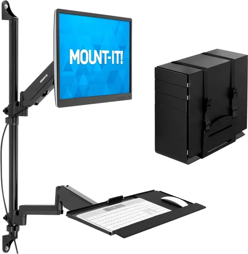 Mount-It! Estación de trabajo de montaje en pared con soporte para monitor individual, bandeja para teclado y soporte para CPU, brazos ajustables en