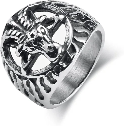 Anillo de acero inoxidable para cabeza de cabra con pentagrama, baphomet, zodiaco de Aries, motociclista, gótico, punk, hiphop, joyería para