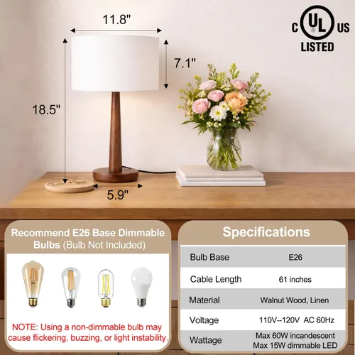 Miniatura 2 de Lámpara de mesa moderna de 18.5 pulgadas con base de madera de nogal, lámpara de escritorio regulable con certificación UL y mesita de noche