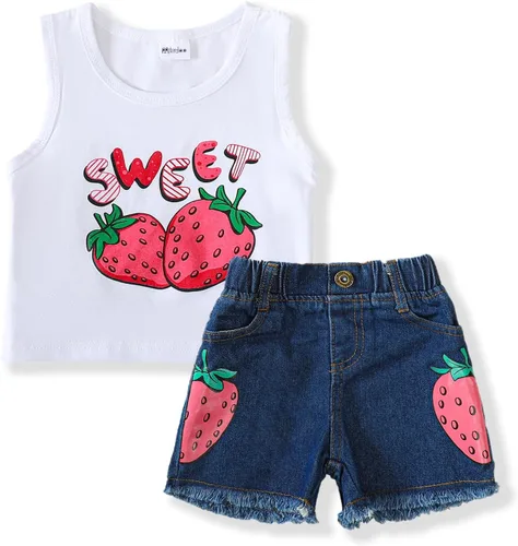 Mikrdoo Ropa para bebé niña pequeña, trajes de verano camisas, tops rasgados pantalones cortos de mezclilla conjunto de ropa para niña pequeña
