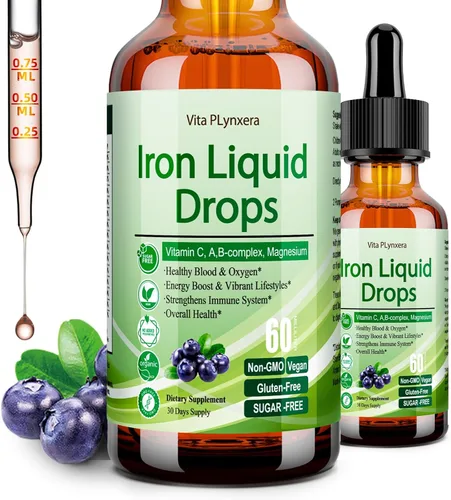Suplemento de hierro líquido para mujeres, hombres y niños, gotas de hierro veganas con vitamina C D, B12, complejo B, líquido de alta potencia con