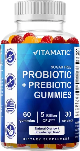 Vitamatic Gomitas probióticas sin azúcar para hombres y mujeres – 5 mil millones de UFC apoyo para la salud digestiva, inmune e intestinal – Sin