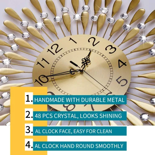 Miniatura 4 de Reloj de pared grande de metal, decorativo, 3D, sin tictac, silencioso, de cuarzo, con números arábigos, para sala de estar, hogar, cocina, Oro ~