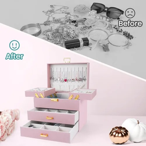 Miniatura 2 de Dajasan Cajas de joyería para mujeres y niñas, organizador de almacenamiento de joyas, 4 capas, caja organizadora de joyas grande con 2 cajones