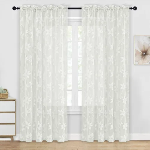 Miniatura 51 de DWCN Paquete de 2 cenefas de encaje floral para cocina, 52 x 18 pulgadas, con bolsillo para barra, cortina de gasa para ventana pequeña, cocina