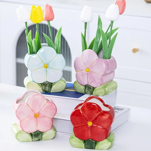 Miniatura 4 de TANG SONG Ceramic Bloom - Soporte para brochas de maquillaje de cinco pétalos, caja de almacenamiento de cosméticos de flores, organizador de Azul