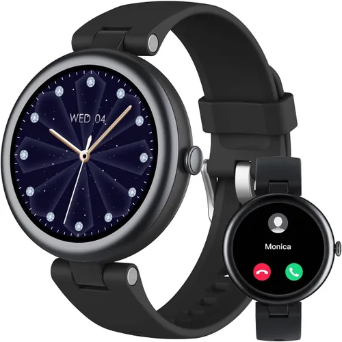 Rastreador de Fitness, Relojes redondos de fitness para mujeres con Bluetooth, llamada, monitor de frecuencia cardíaca, rastreador de sueño, Negro