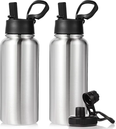 Miniatura 30 de Neihepal Botella de agua aislada de 32 onzas con 2 tapas (tapa con pajilla y boquilla), botellas de agua de doble pared de acero inoxidable 18/8