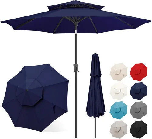 Miniatura 14 de FLAME&SHADE Sombrilla de Patio de 9 pies - Sombrilla para Exteriores de 2 Niveles con Botón de Inclinación y Manivela para Protección UV, Sombrilla