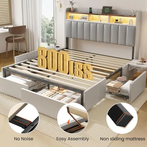 Miniatura 5 de BRELTAM Base de cama Queen con cabecero, 4 cajones de almacenamiento y escritorio ajustable integrado, estación de carga, fácil montaje, no necesita