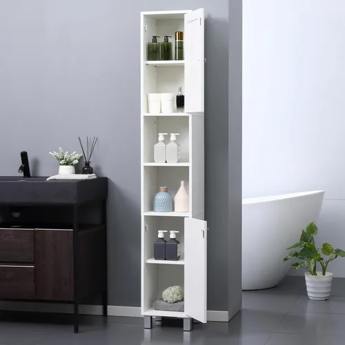 Miniatura 9 de kleankin Armario alto de almacenamiento de baño con espejo, gabinete de torre independiente de madera con estantes ajustables para baño o sala