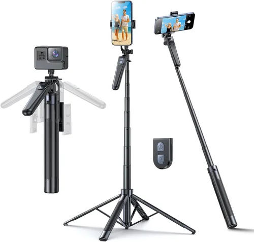 Trípode Selfie Stick, trípode de 71 pulgadas para iPhone, rotación de 360° con control remoto inalámbrico, soporte portátil de aluminio para