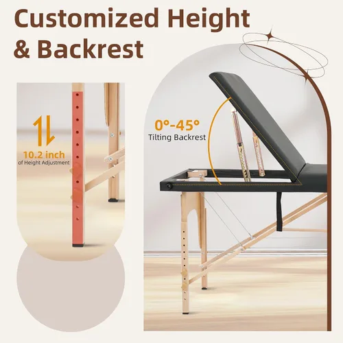 Miniatura 7 de ABET Mesa de masaje, cama plegable portátil de 3 cuerpos para extensiones de pestañas, altura ajustable, ligera, profesional, mesa de spa facial
