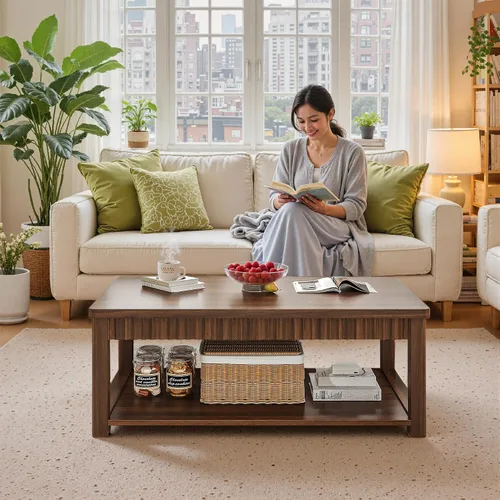 Miniatura 7 de Homkdom Mesa de Café, Mesas de Café Modernas de 39 Pulgadas para Sala de Estar con Almacenamiento de 2 Niveles y Borde Ondulado, Mesa Central