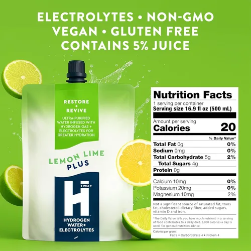 Miniatura 2 de HTWO Plus Agua de hidrógeno molecular con electrolitos, sabor a limón y lima, paquetes de hidratación sin azúcar, paquete de 6 unidades de 16.9