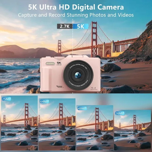 Miniatura 3 de Cámara digital 4K/5K para fotografía y video – Cámara de videoblogs UHD con WiFi, enfoque automático, pantalla giratoria de 3", zoom 18X – Kit Rosa