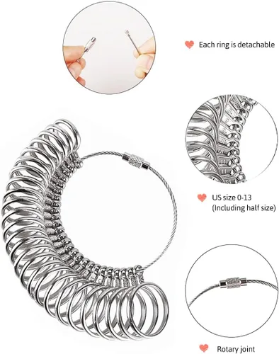 Miniatura 4 de Meowoo Juego de herramientas de medición de anillo, medidor de anillos con lupa, herramientas de medición de mandril de anillo sólido cónico
