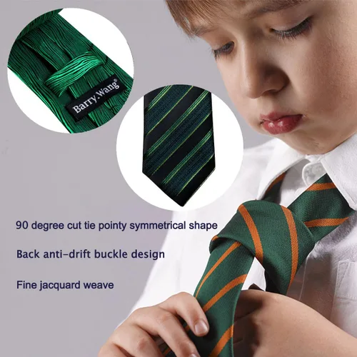 Miniatura 172 de Barry.Wang Corbata de niño regular seda tejida rayas sólido lazo bolsillo cuadrado