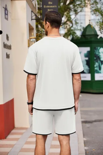 Miniatura 73 de COOFANDY Conjunto de camisa y pantalones cortos de gofre para hombre, conjunto de 2 piezas, conjunto casual de verano con bolsillos