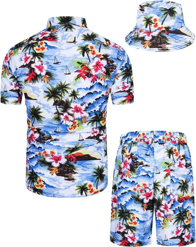 Miniatura 27 de TUNEVUSE Conjunto de camisas y pantalones cortos hawaianos para hombre, 2 piezas, trajes de playa con estampado de flores, traje tropical de verano