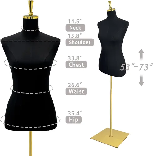 Miniatura 2 de Forma de vestido ajustable para mujer, maniquí de costura de 53 a 73 pulgadas de altura con soporte de metal dorado, negro