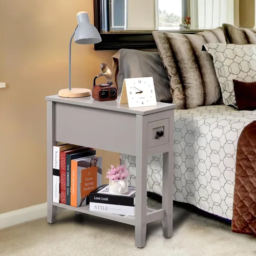 Miniatura 9 de Paquete de 2 Mesas Auxiliares Estrechas de Cabecera con Cajón, Mesa Auxiliar Sólida para Sillón Reclinable con Estante de Almacenamiento, Mesita