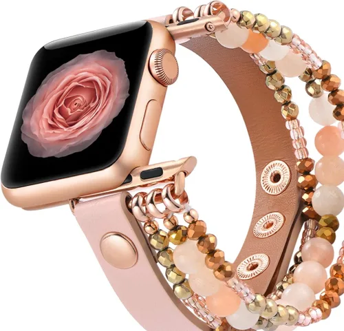 Miniatura 3 de fastgo Correa de cuero compatible con Apple Watch de 1.77, 1.73, 1.65 y 1.73 pulgadas, correa elástica con cuentas para mujer, correa elástica