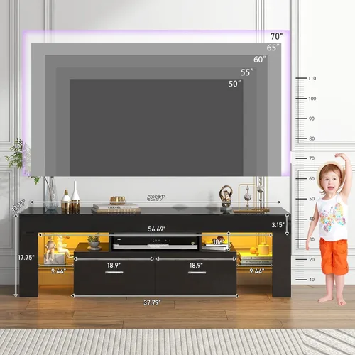 Miniatura 3 de HOUAGI Soporte de TV LED para televisores de hasta 65 pulgadas, moderno centro de entretenimiento con cajón de almacenamiento y estante de cristal