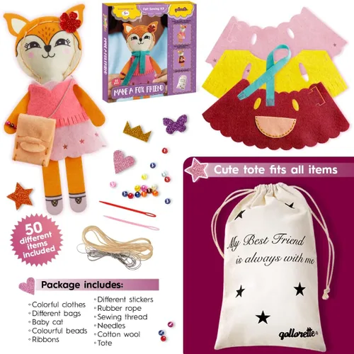 Miniatura 2 de qollorette Kit de costura de fieltro para niños, haz tu propio juguete de zorro, kit de manualidades para niños - Kit de costura Haz un amigo - Kit
