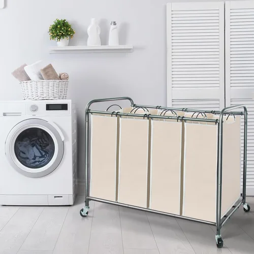 Miniatura 7 de STORAGE MANIAC Clasificador de ropa sucia de 4 secciones, 47.8 galones (181 L) con ruedas, clasificador de cestas divisoras de ropa, carrito Beige