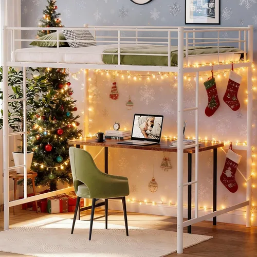 Miniatura 19 de VINGLI Cama Loft de 71 Pulgadas de Alto Tamaño Twin con Escalera de Peldaños Planos para Niños Adolescentes Adultos Cama Litera Individual de Metal