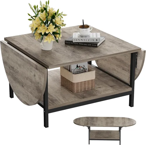 Miniatura 9 de SAYGOER - Mesa de café negra moderna con extensión y almacenamiento para sala de estar, mesa central única de 2 niveles con dos paneles plegables