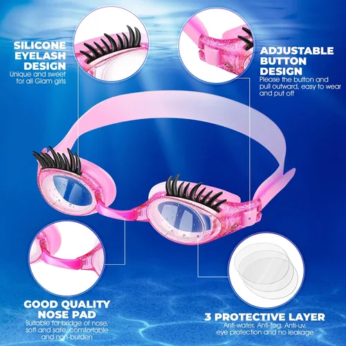 Miniatura 3 de Konohan Gafas de natación para niños, pestañas para niñas, divertidas gafas de natación sin fugas, antivaho y UV para extensiones de pestañas