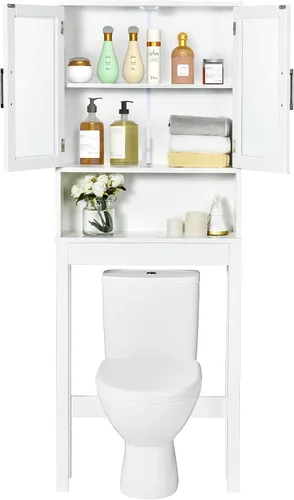 Miniatura 6 de WATERJOY Gabinete de almacenamiento sobre el inodoro, organizador de gabinete de baño con 2 puertas de vidrio templado Moru, estante para inodoro