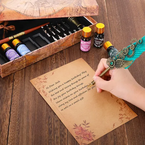 Miniatura 6 de Juego de Pluma de Caligrafía con Tinta, Pluma Mecánica y Pluma de Inmersión de Madera, 5 Colores de Tinta, 12 Plumillas de Repuesto, Soporte
