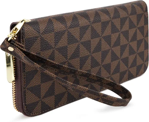 Miniatura 13 de Veki Billetera para mujer con doble cremallera y correa para la muñeca, monedero de cuero para tarjetas de crédito para mujeres y hombres, Negro A