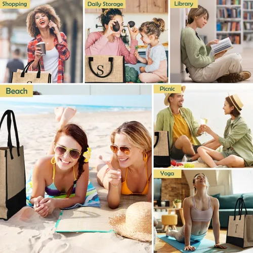 Miniatura 7 de Jute Initial Tote Bag Burlap Beach Bag Personalized Birthday Gifts for Women Teacher Mom Bridal Bridesmaid Gifts