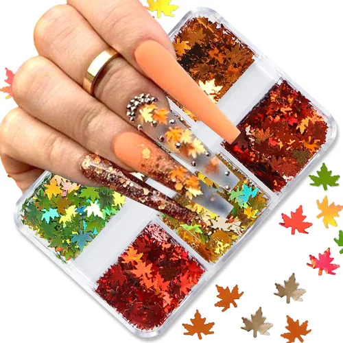 Miniatura 23 de Lentejuelas de uñas con purpurina de otoño, hojas de arce, copos de purpurina holográfica, hojas de arce holográficas, purpurina para uñas, diseño