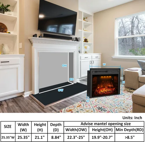 Miniatura 4 de Inserto eléctrico para chimenea de 22" de ancho, chimenea eléctrica de pared con control remoto, troncos realistas y sonido de chisporroteo