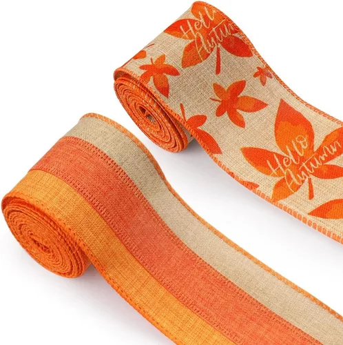 Miniatura 6 de 2 rollos de cinta de tela de otoño de arpillera de Acción de Gracias, hojas de arce de otoño, tiras naranjas y marrones, cintas decorativas