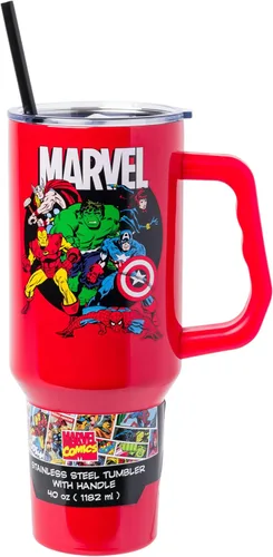 Miniatura 32 de Silver Buffalo Marvel Avengers - Vaso de acero inoxidable con asa, popote y tapa de pajilla, diseño de Iron Man, Capitán América, Blue Beetle, Thor