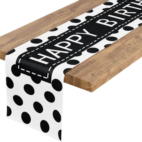 Letjolt - Camino de mesa de feliz cumpleaños, 72 pulgadas, punto negro | Tela similar al lino, carteles de fiesta de cumpleaños, decoraciones de mesa